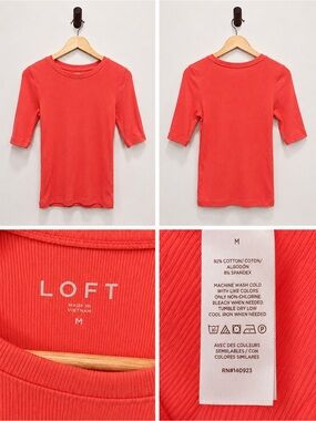 LOFT Coral Ribbed Elbow Sleeve Crew Neck Top Size M